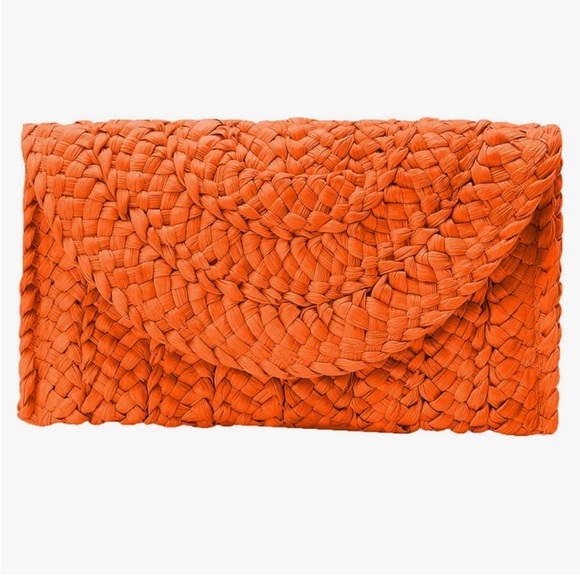 AMAZON Orange Straw Rattan Woven Medium Envelope Clutch Bag Purse Wallet Magnet - Picture 15 of 16